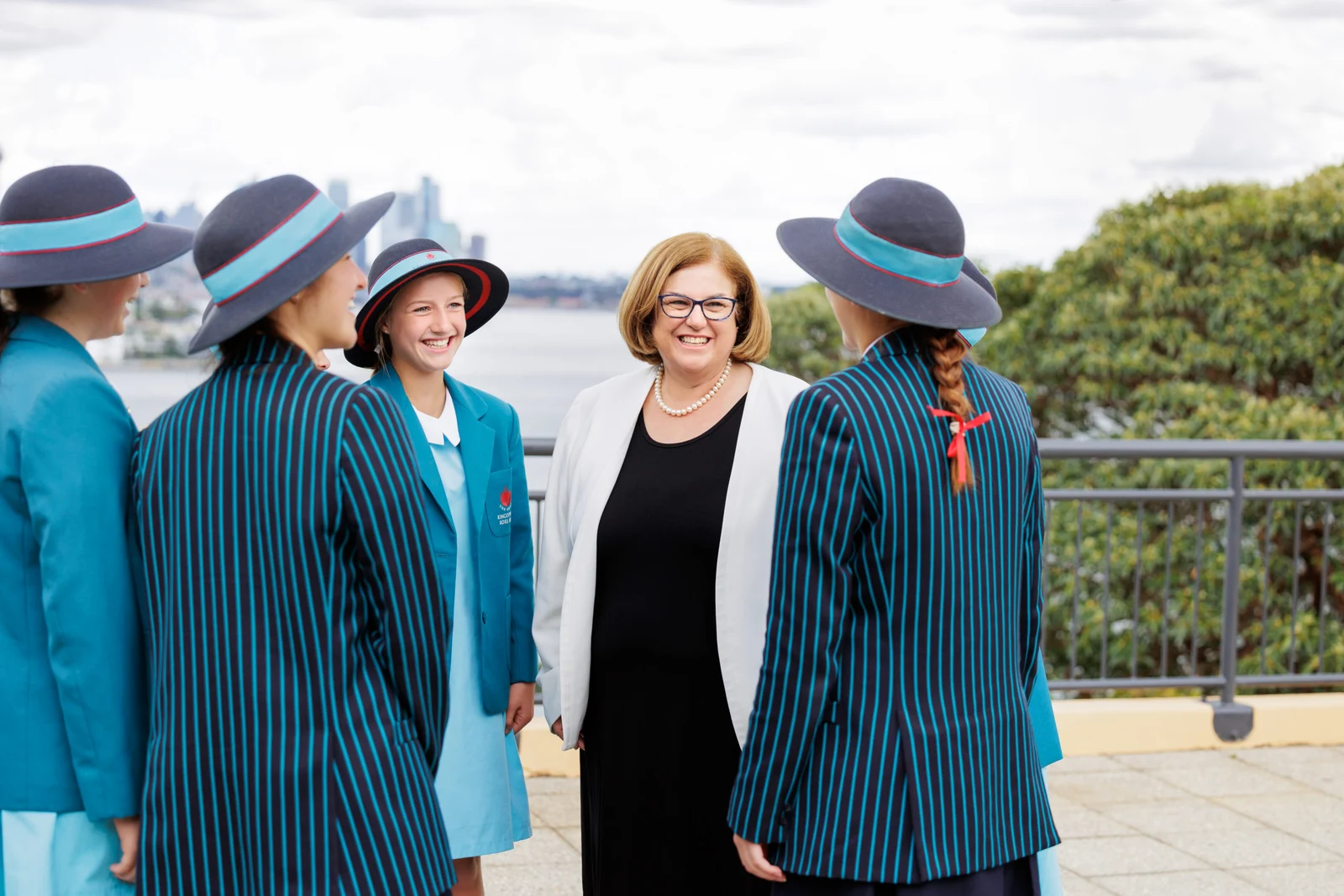 The Principal with KRB students overlooking Sydney Harbour